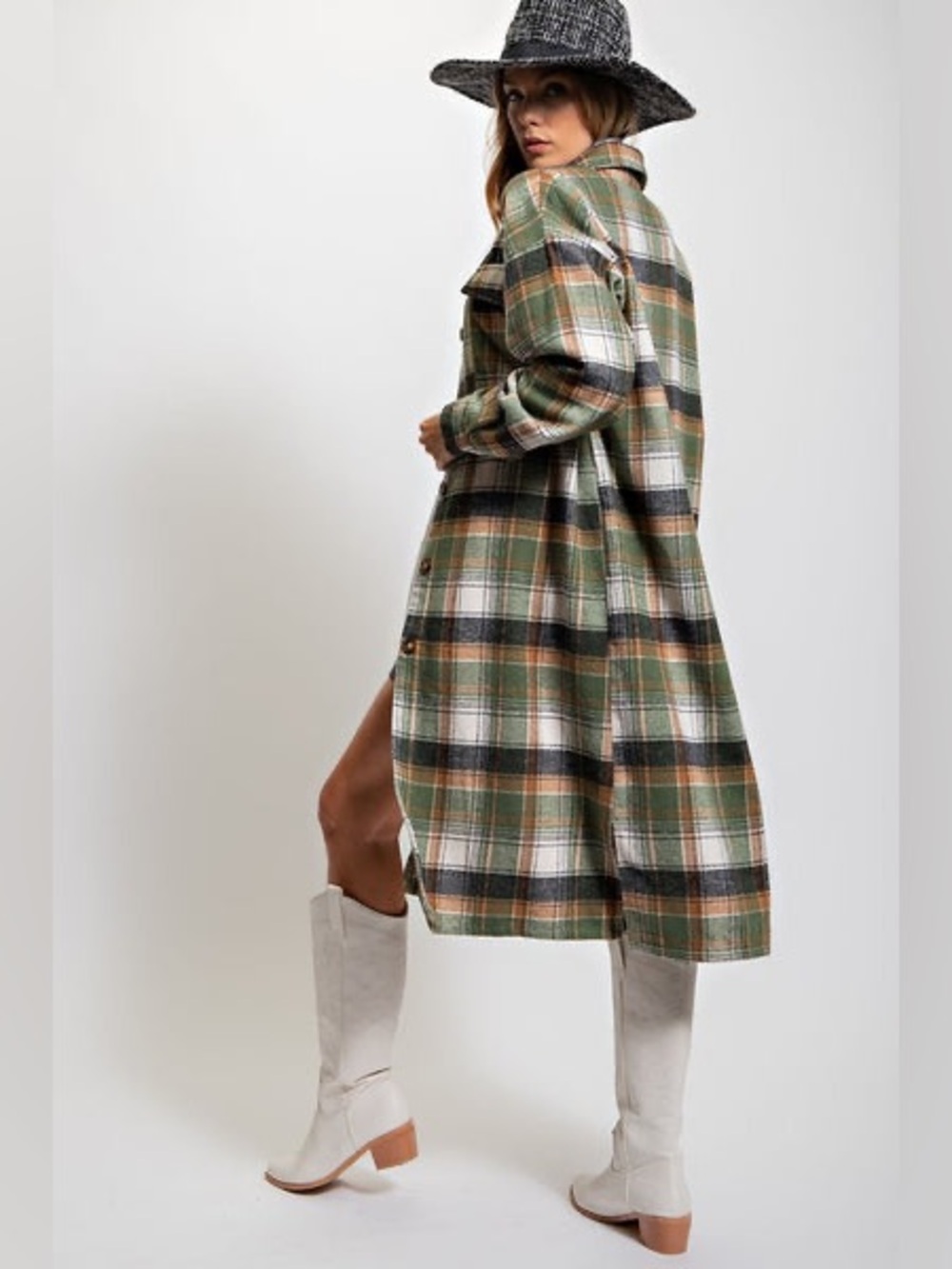 Easel Plaid Button Down Shacket Olive Green Size S NWT - Picture 3 of 8